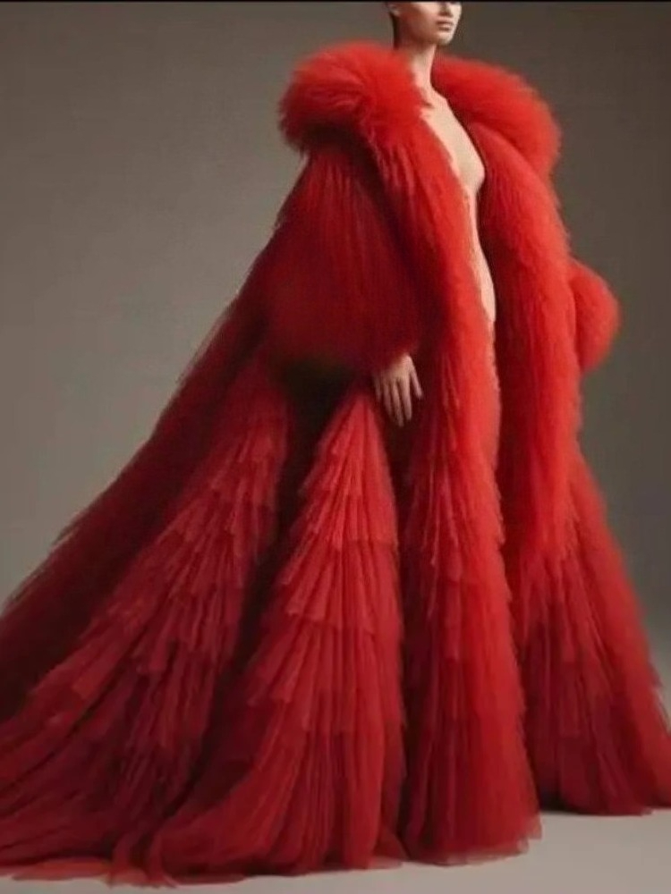 Women'S Red Formal Wear - معطف نسائي طويل أحمر منفوش بكسرات