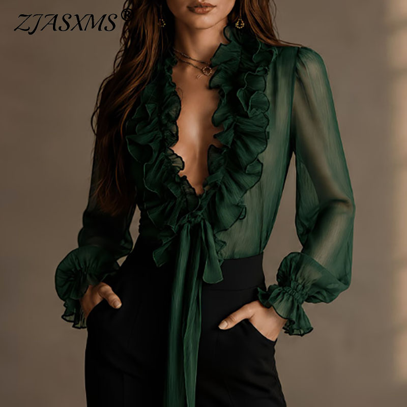 Women'S Formal Wear Blouse - بلوزة نسائية أنيقة شفافة بلون واحد،
