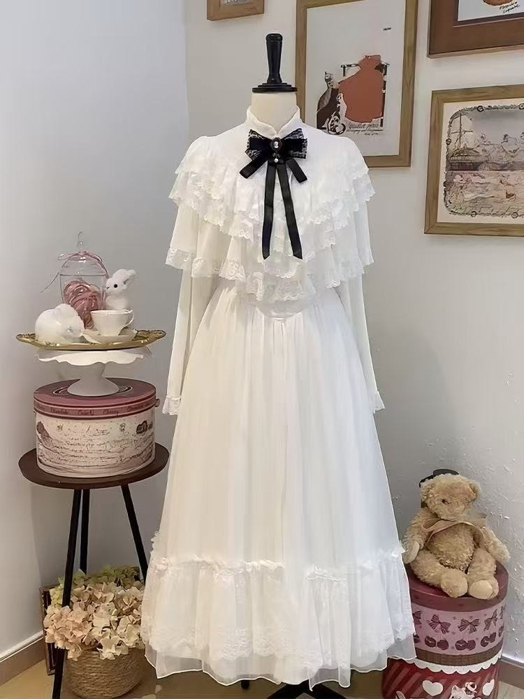 Women Formal Wear Winter - اليابانية قصيرة الأكمام القوس فستان الدانتيل