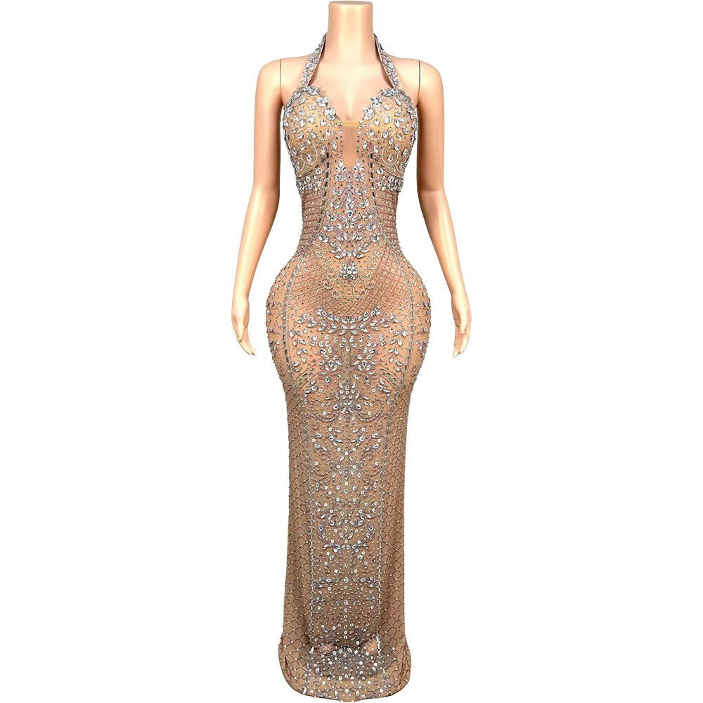 Women'S Red Formal Wear - فستان سهرة فاخر مزين بالكريستال والشبك
