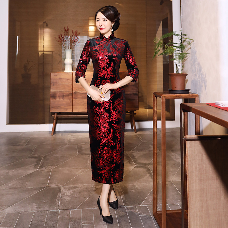 Women'S Red Formal Wear - فستان تشيباو نسائي فاخر للخريف والشتاء